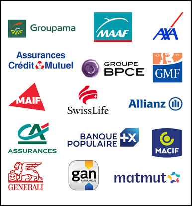 Logos de différents assureurs auprès de qui Philippe CHAPET effectue plus de 60 missions par mois : MACIF, MAIF, GMF, MAAF, MATMUT, GENERALLI, SWISS LIFE, PACIFICA...