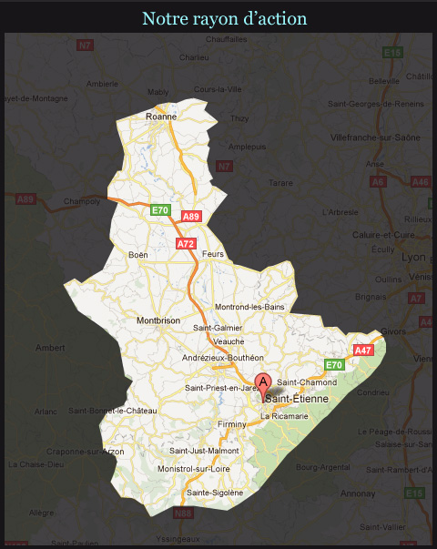 Image d'une carte destinée à délimiter la zone d'intervention de l'entreprise CHAPET, Platrier Peintre à Roanne, Saint-Etienne, Montbrison, Feurs pour le département de la Loire ainsi que Monistrol et Sainte Sigolène pour le département de Haute-Loire.